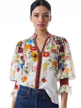 Alice + Olivia Ilan Smocked Cream Floral Long Sleeve Bohemian Blouse